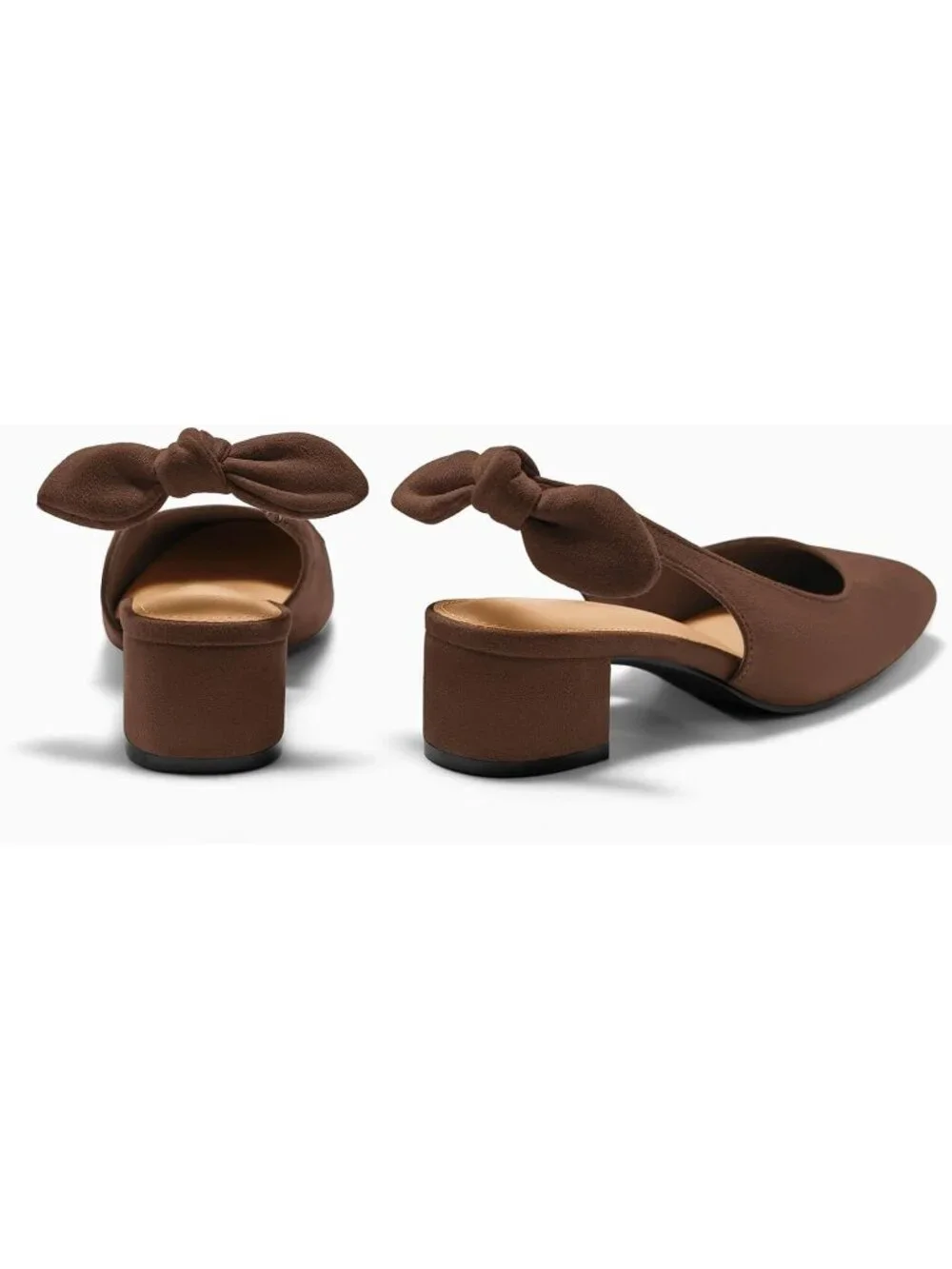 Women's Brown Faux Suede Chunky Low Heels Bow Slingback Closed Square Toe Pumps